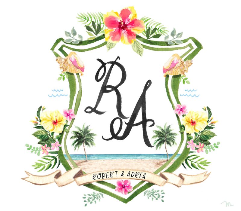 Custom watercolor wedding crest illustration by Michelle Mospens.