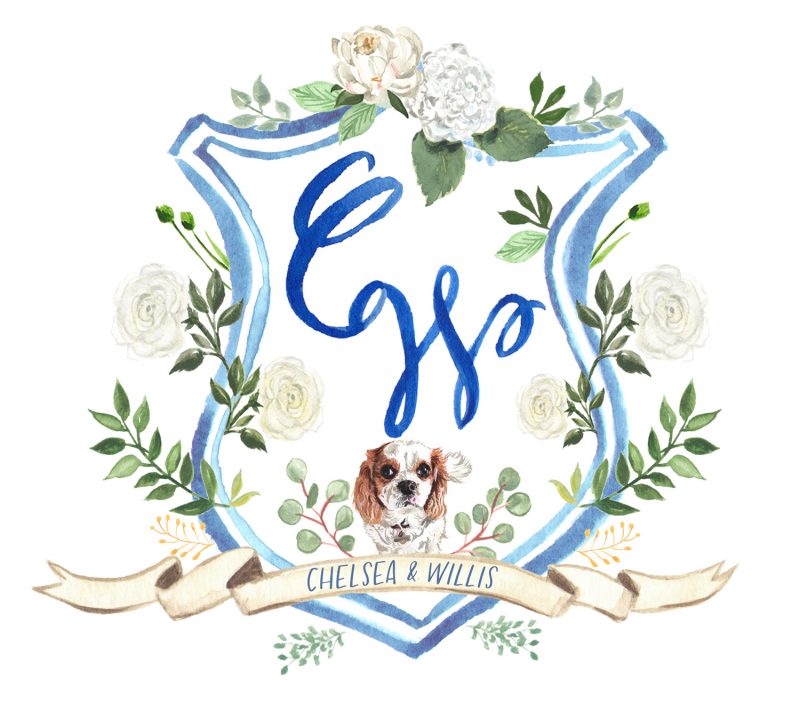 Custom watercolor wedding crest illustration with dog by Michelle Mospens.