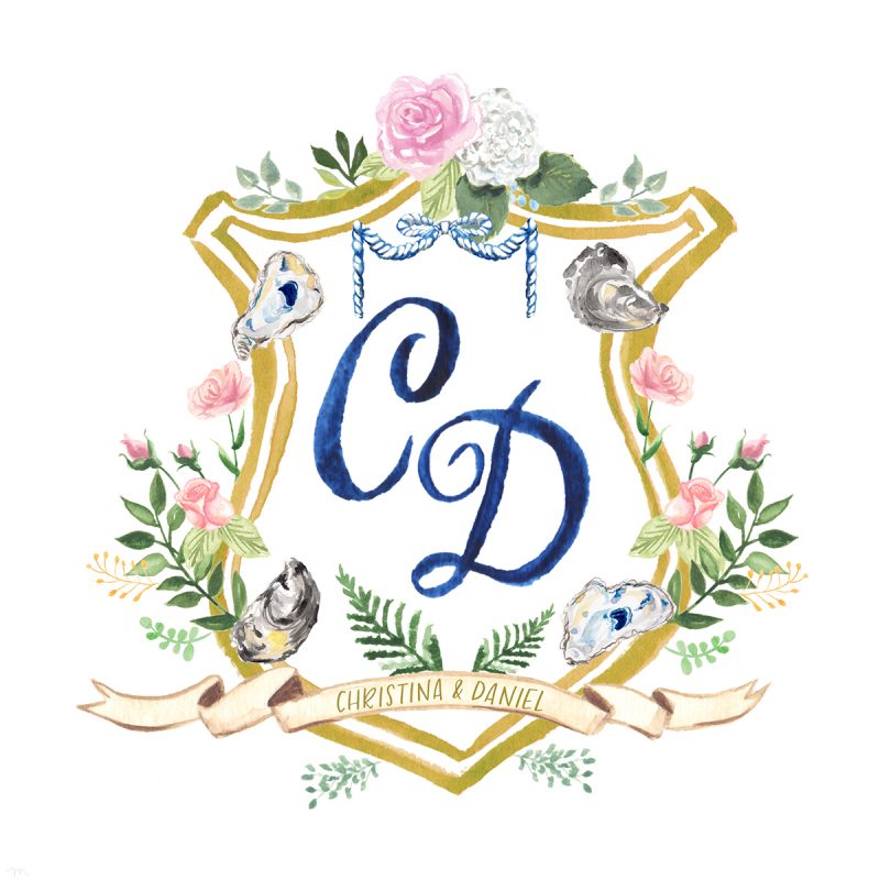 Custom watercolor wedding crest illustration by Michelle Mospens.