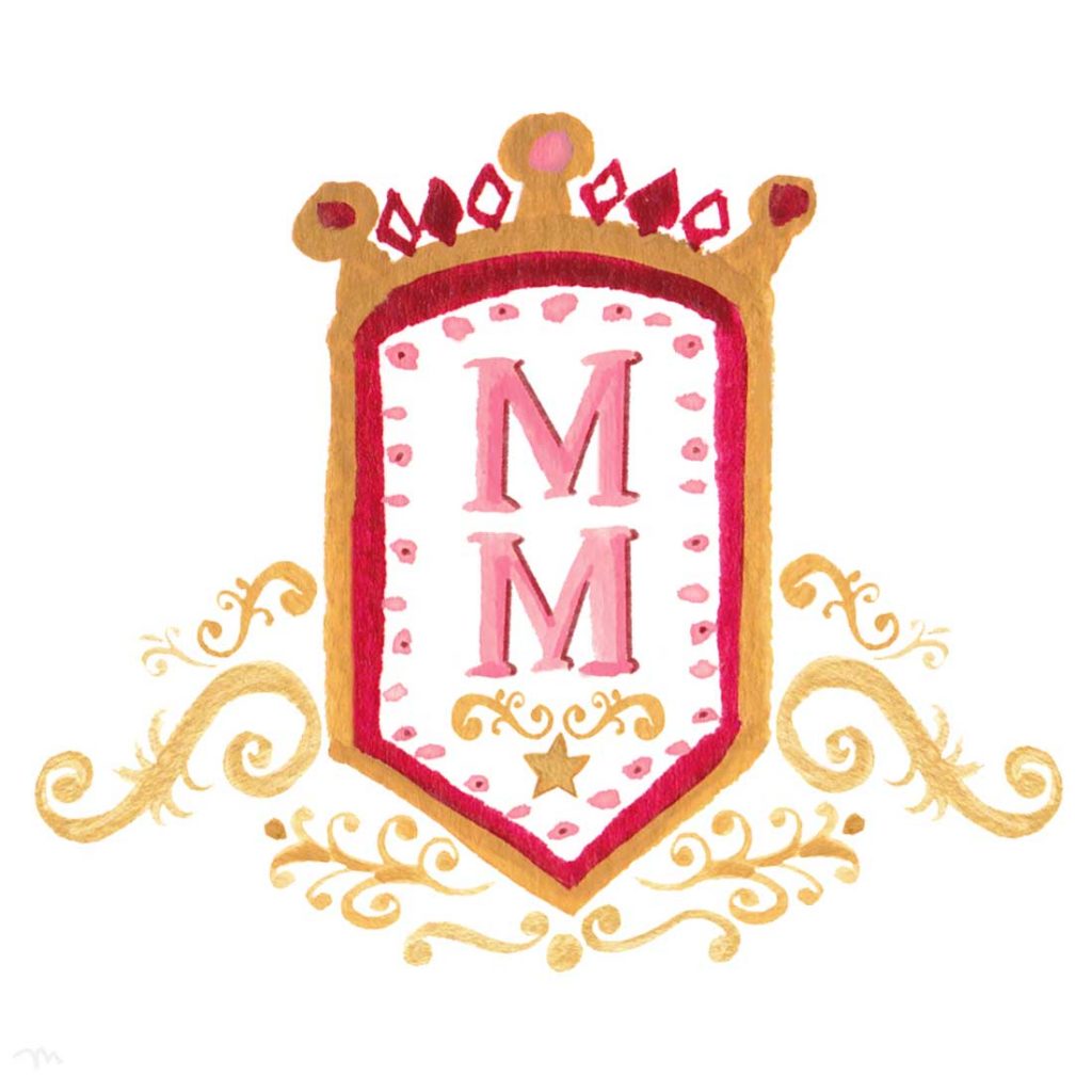 Hand-painted circus-inspired wedding crest monogram by artist Michelle Mospens. Mospens Studio