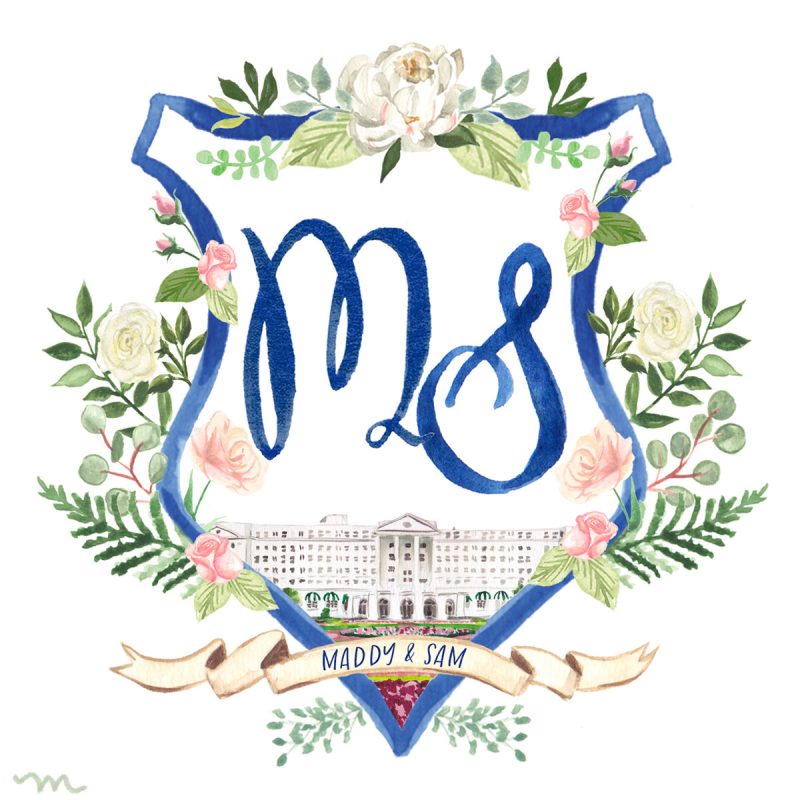 Custom watercolor wedding crest illustration by Michelle Mospens.