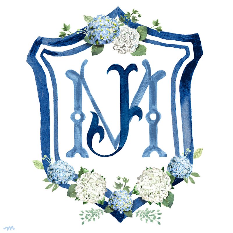Custom Watercolor Illustrated Wedding Crest Monogram by Michelle Mospens.
