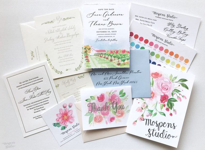 Sample Pack watercolor + letterpress wedding invitations by Mospens Studio