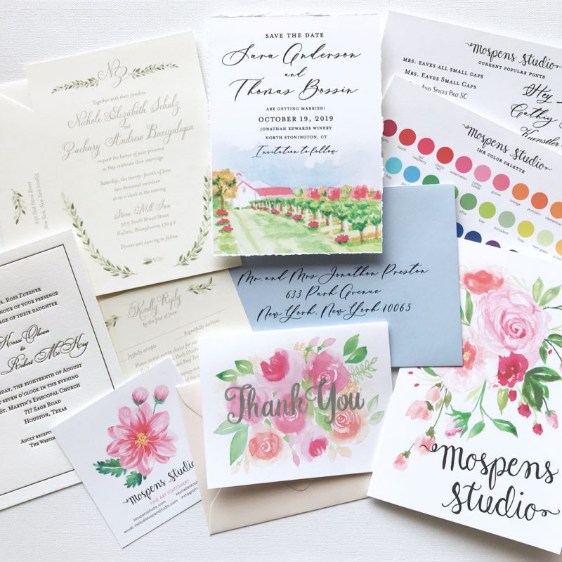 Sample Pack watercolor + letterpress wedding invitations by Mospens Studio