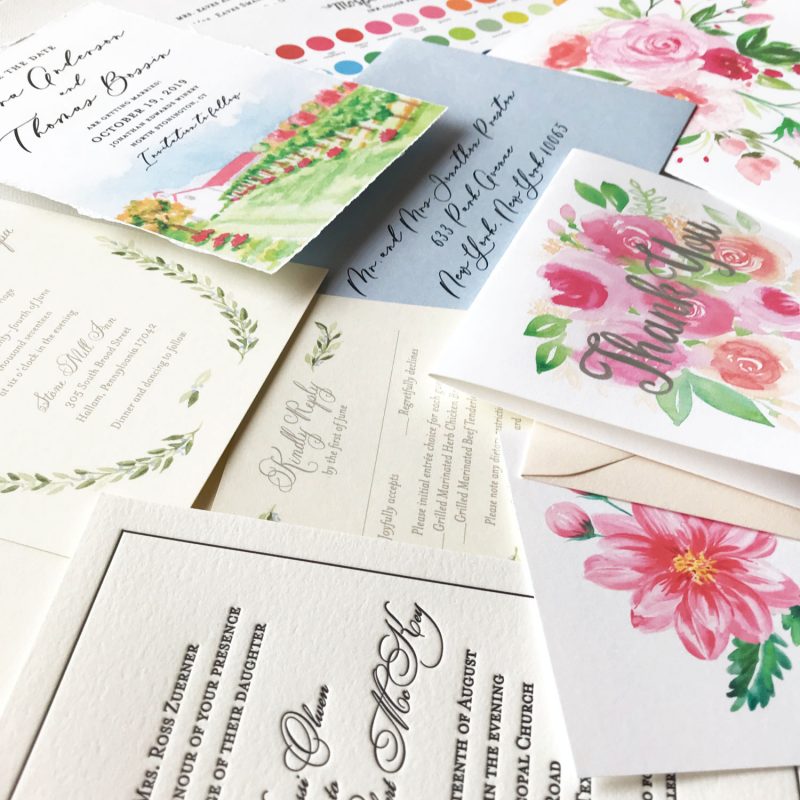 Sample Pack watercolor + letterpress wedding invitations by Mospens Studio