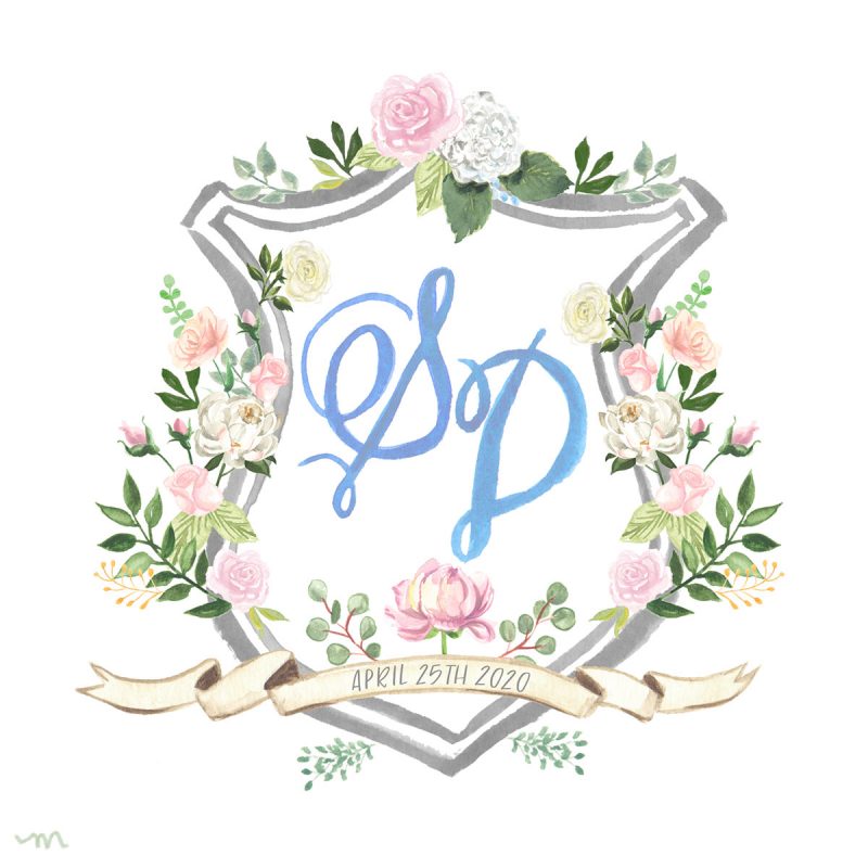 Custom watercolor wedding crest illustration by Michelle Mospens.