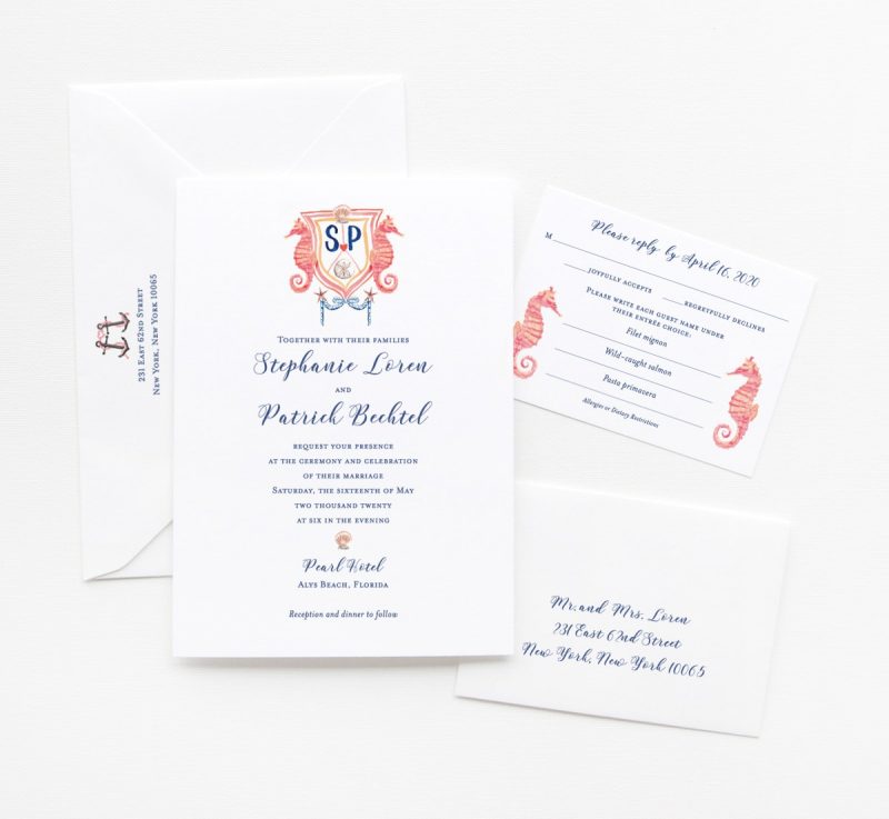 Watercolor Seahorses Wedding Crest custom wedding invitations by artist Michelle Mospens. | Mospens Studio