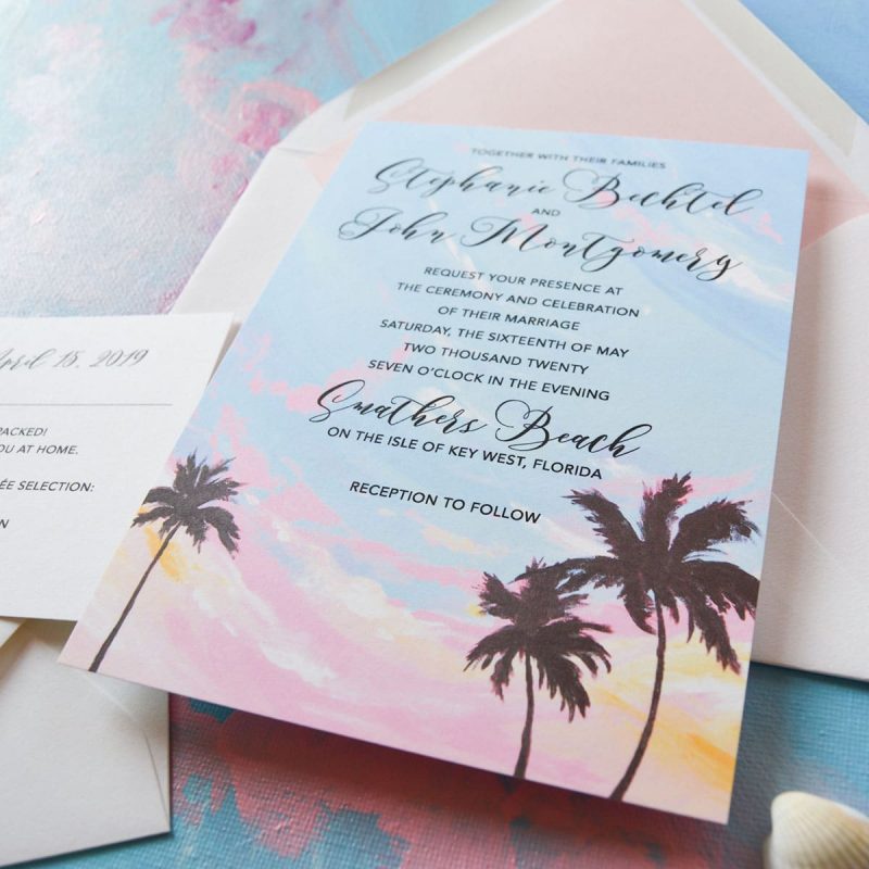 Beautiful beach wedding invitation with original art by artist Michelle Mospens. Tropical sunset and palm trees perfect for a destination wedding. - Mospens Studio