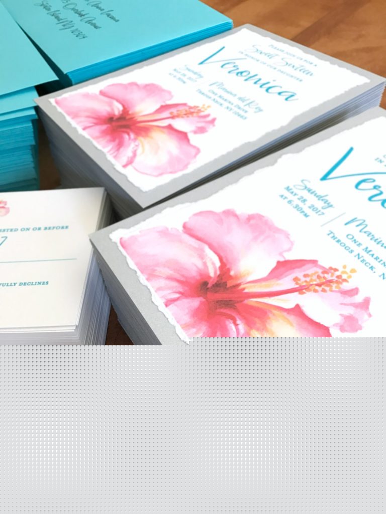 Fun tropical watercolor custom sweet sixteen birthday party invitations. 100% original watercolor art by Michelle Mospens. | Mospens Studio