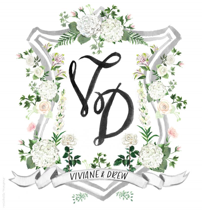 Custom Watercolor Illustrated Wedding Crest Monogram by Michelle Mospens.