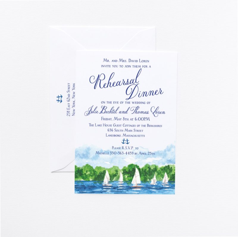 Watercolor lake and sailboat landscape rehearsal dinner invitations by artist Michelle Mospens. | Mospens Studio