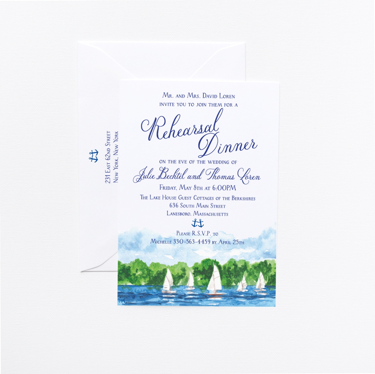 27 Sea-worthy Nautical Wedding Invitations. Watercolor lake and sailboat landscape rehearsal dinner invitations by artist Michelle Mospens. | Mospens Studio