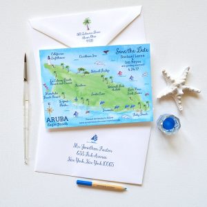 Aruba save the date map by artist Michelle Mospens. | Mospens Studio