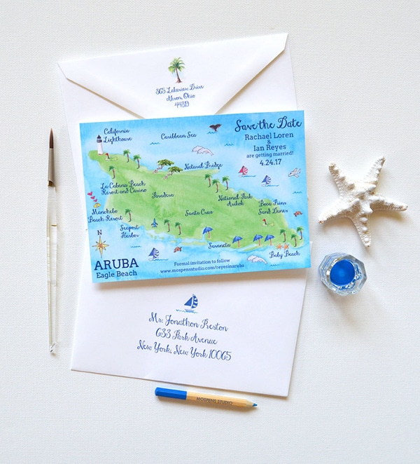 Aruba save the date map by artist Michelle Mospens. | Mospens Studio