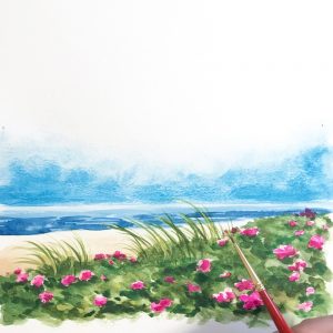 Hand-painted watercolor beach, ocean and sea grass by artist Michelle Mospens. - MospensStudio.com