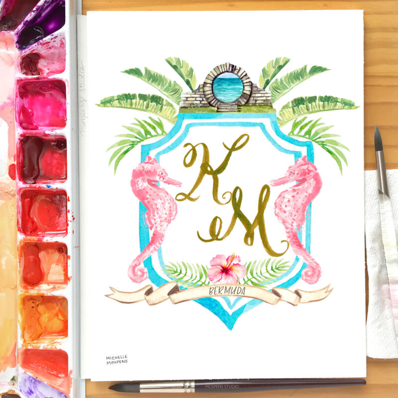 Custom illustrated watercolor wedding crest monogram by artist Michelle Mospens - Mospens Studio