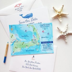 Cape Cod Massachusetts save the date map by artist Michelle Mospens. | Mospens Studio