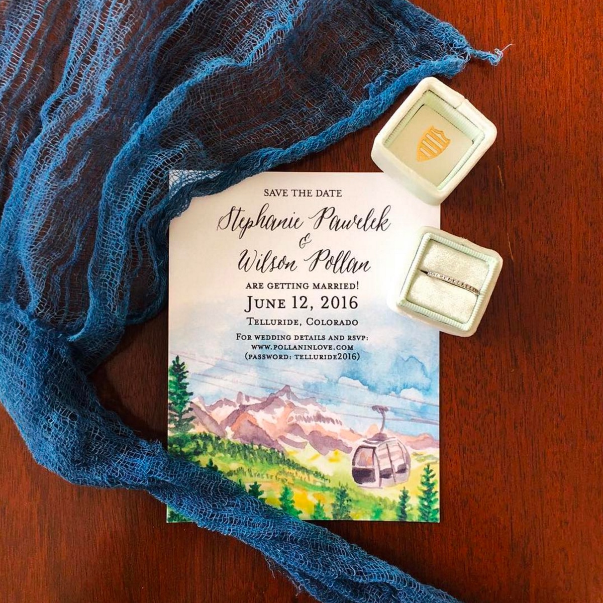 Custom watercolor painted mountain landscape save the dates by artist Michelle Mospens. | Mospens Studio