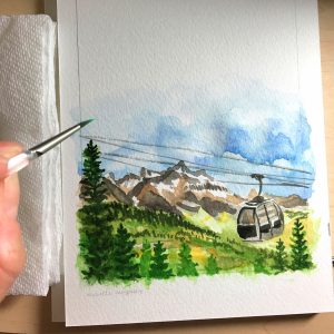 Custom watercolor mountain skylift art for a Colorado wedding. Original art by artist Michelle Mospens.