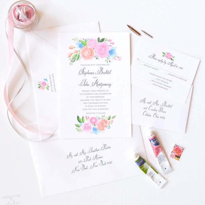 Watercolor floral custom wedding invitations with spring flowers by artist Michelle Mospens. | Mospens Studio