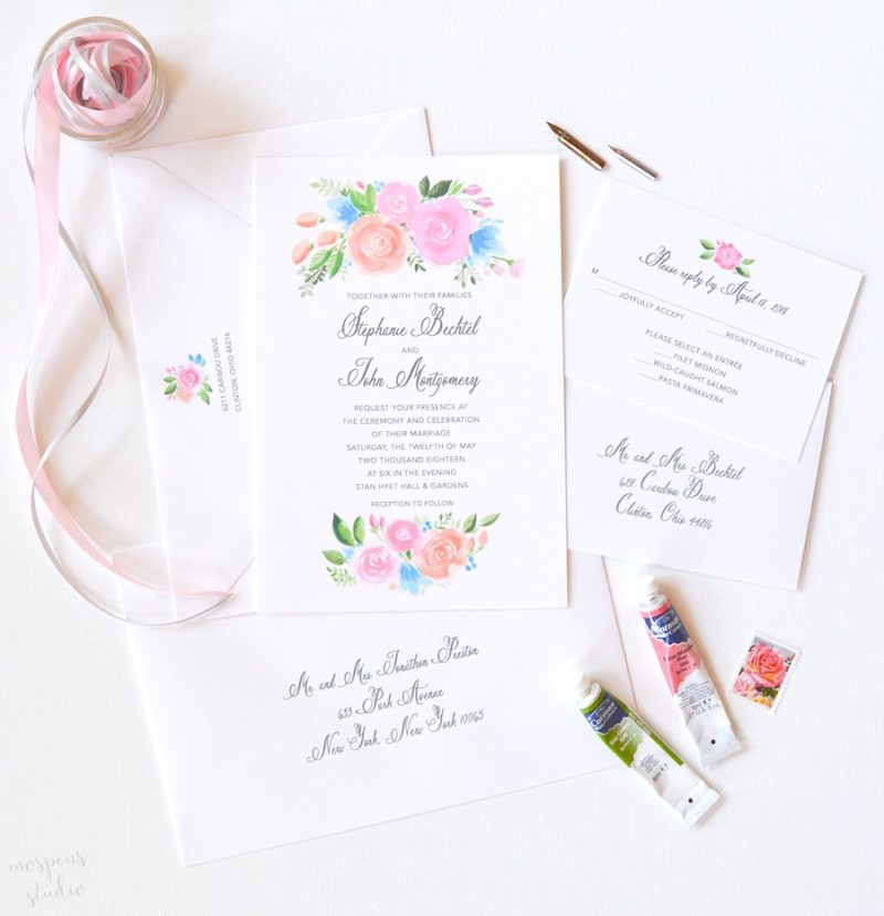 Watercolor floral custom wedding invitations with spring flowers by artist Michelle Mospens. | Mospens Studio