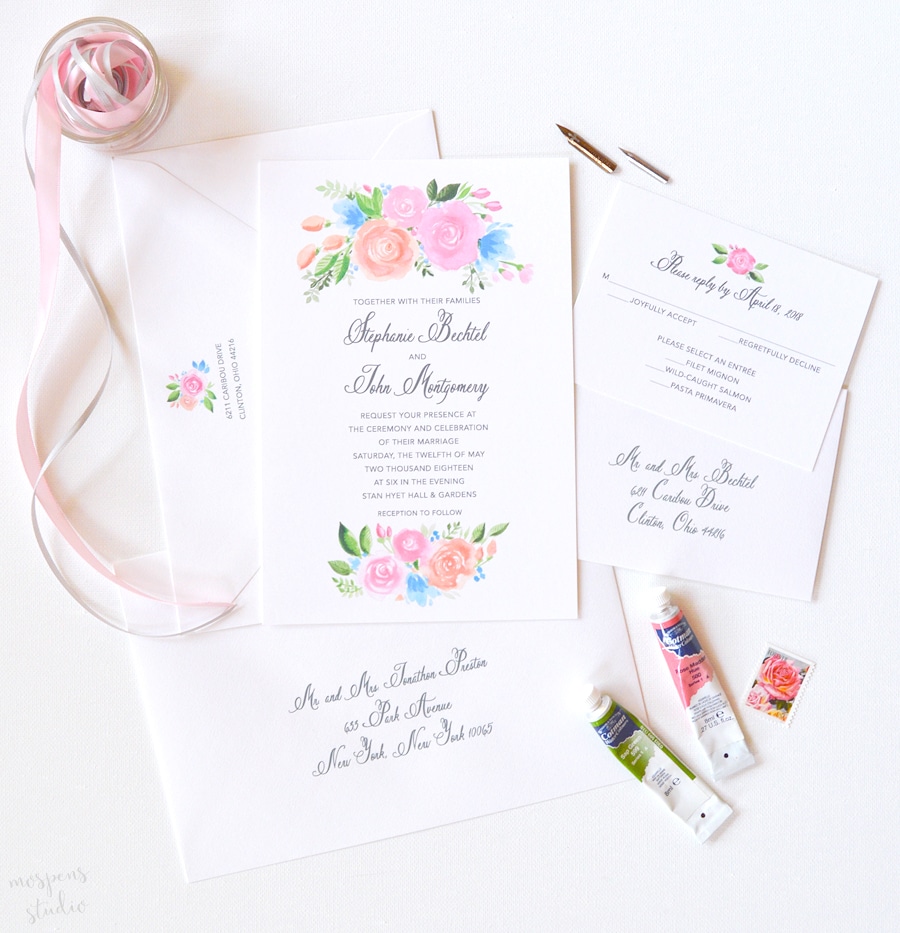 Watercolor floral custom wedding invitations with spring flowers by artist Michelle Mospens. | Mospens Studio