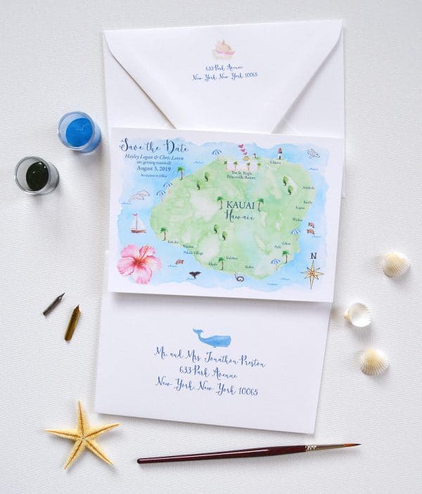 Kauai Hawaii save the date map by artist Michelle Mospens. | Mospens Studio