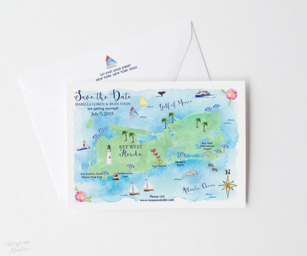 Original Key West, Florida map save the date cards by artist Michelle Mospens. Mospens Studio