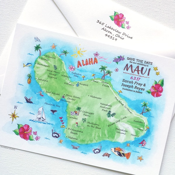 Maui Hawaii save the date map by artist Michelle Mospens. | Mospens Studio