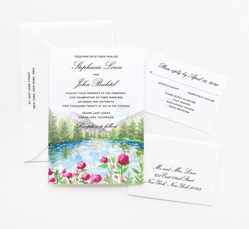 Watercolor Spring Mountain landscape custom wedding invitations by artist Michelle Mospens. | Mospens Studio