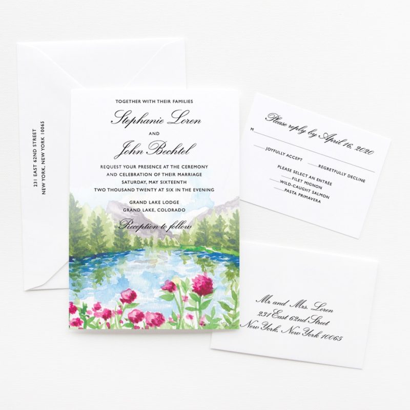 Watercolor Spring Mountain landscape custom wedding invitations by artist Michelle Mospens. | Mospens Studio