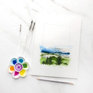 Custom hand painted watercolor landscape for wedding invitations by artist Michelle Mospens. | Mospens Studio