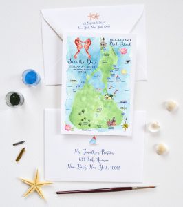 Block Island wedding map save the date cards by artist Michelle Mospens. - MospensStudio.com