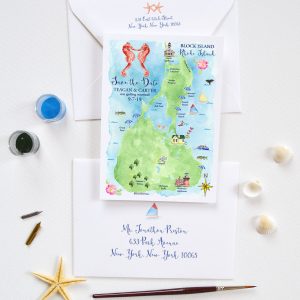 Block Island wedding map save the date cards by artist Michelle Mospens. - MospensStudio.com