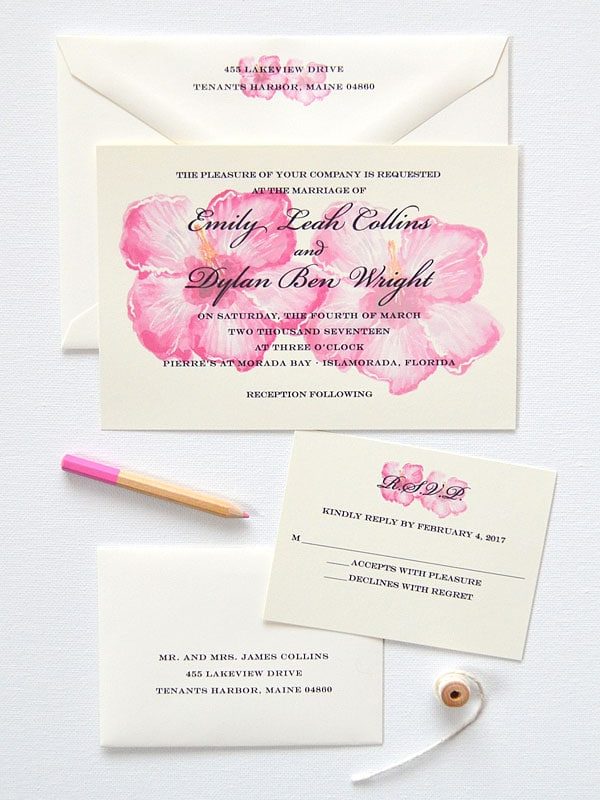 Watercolor custom tropical wedding invitations with hibiscus flowers by artist Michelle Mospens. | Mospens Studio
