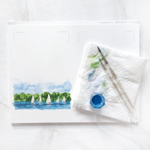 Custom hand painted watercolor landscape for wedding invitations by artist Michelle Mospens. | Mospens Studio