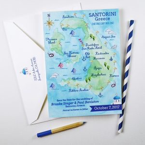 Santorini, Greece save the date map by artist Michelle Mospens. | Mospens Studio