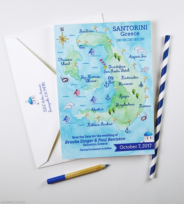 Santorini, Greece save the date map by artist Michelle Mospens. | Mospens Studio