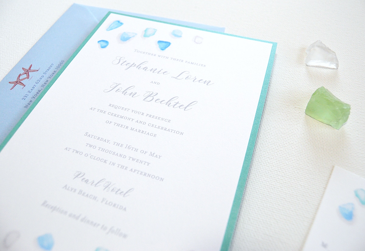 Watercolor sea glass beach wedding invitations by artist Michelle Mospens. | Mospens Studio