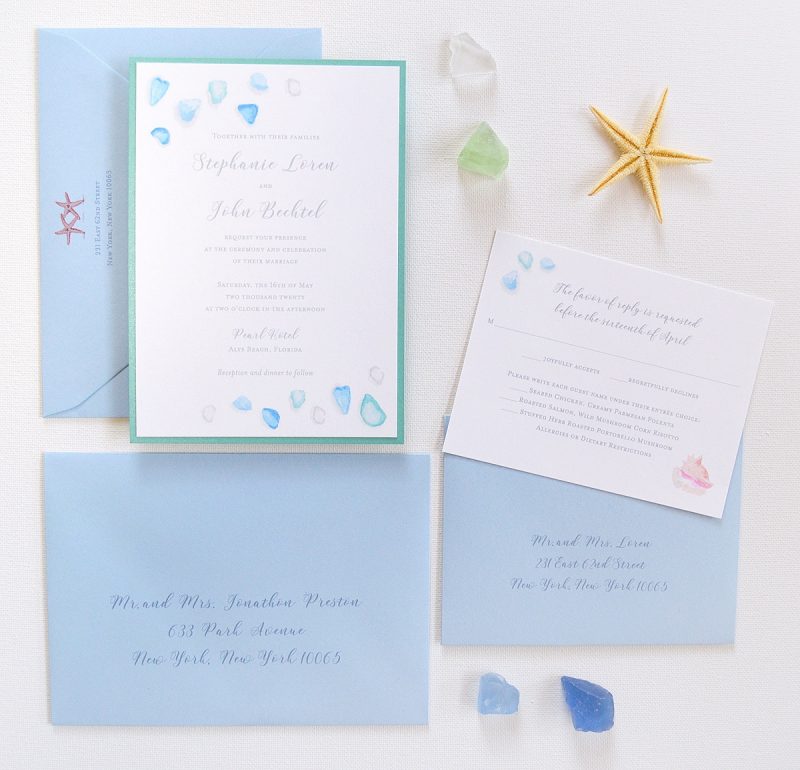 Watercolor sea glass and seashells custom beach wedding invitations by artist Michelle Mospens. | Mospens Studio