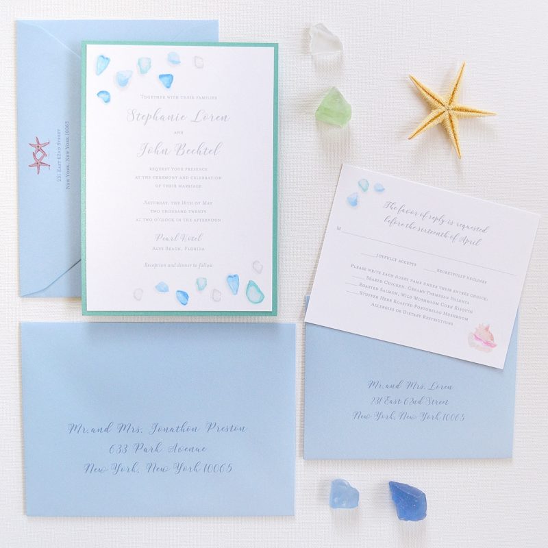 Watercolor sea glass and seashells custom beach wedding invitations by artist Michelle Mospens. | Mospens Studio