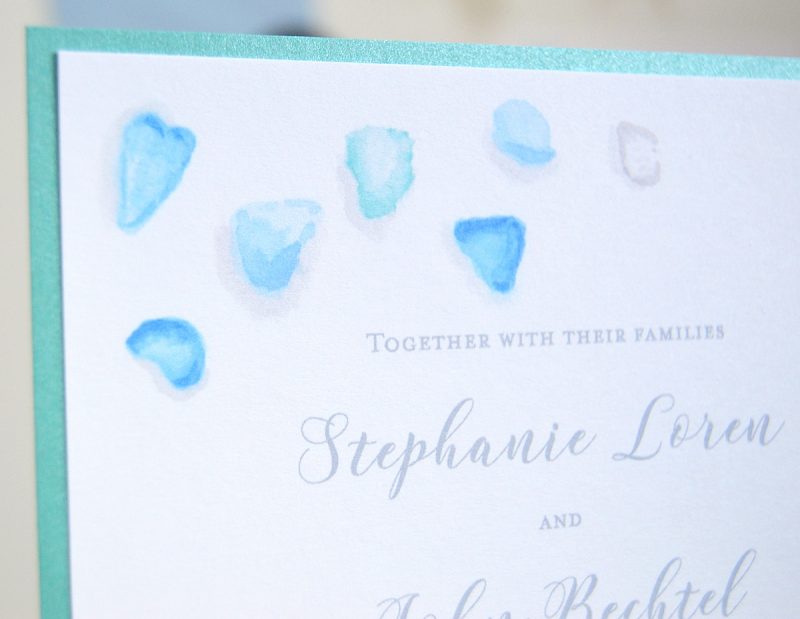 Watercolor sea glass beach wedding invitations by artist Michelle Mospens. | Mospens Studio