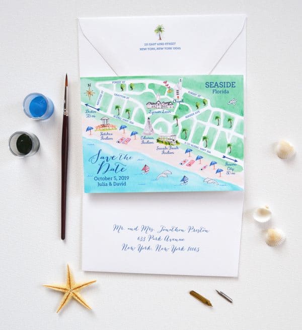 Seaside Florida save the date map by artist Michelle Mospens. | Mospens Studio