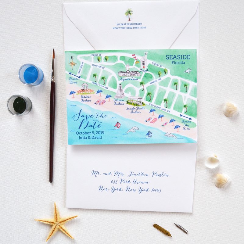 Seaside Florida save the date map by artist Michelle Mospens. | Mospens Studio