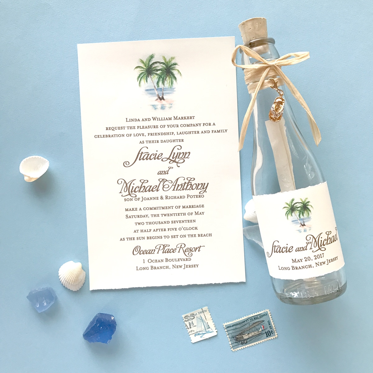 Custom beach wedding invitations in a bottle by artist Michelle Mospens. | Mospens Studio