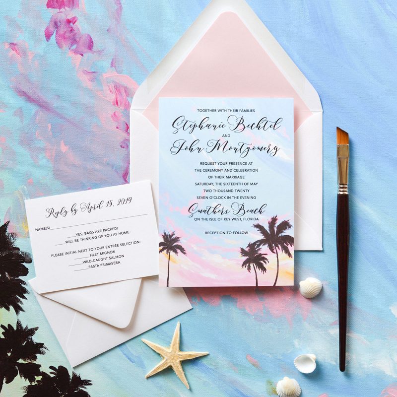 Beautiful beach wedding invitation with original art by artist Michelle Mospens. Tropical sunset and palm trees perfect for a destination wedding. - Mospens Studio