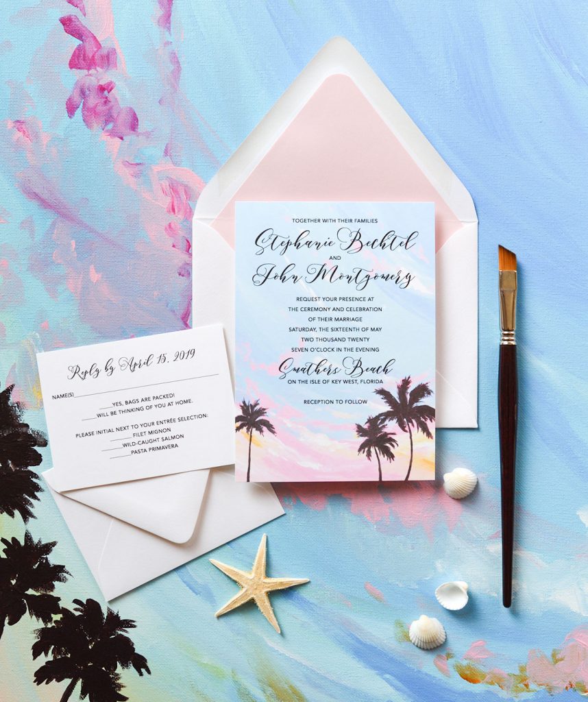 Beautiful beach wedding invitation with original art by artist Michelle Mospens. Tropical sunset and palm trees perfect for a destination wedding. - Mospens Studio