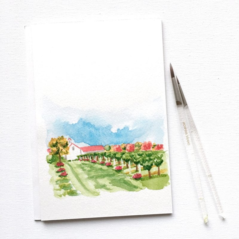 Custom hand painted watercolor landscape for wedding invitations by artist Michelle Mospens. | Mospens Studio