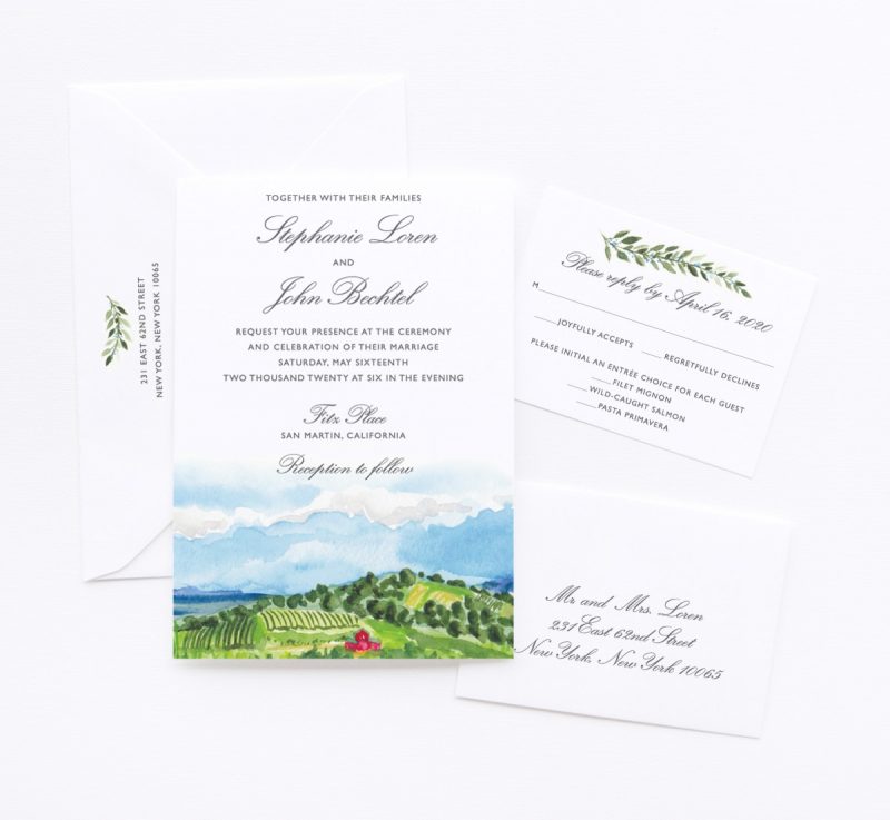 Watercolor Vineyard winery landscape custom wedding invitations by artist Michelle Mospens. | Mospens Studio