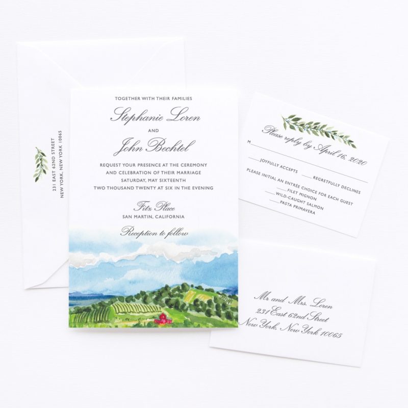 Watercolor Vineyard winery landscape custom wedding invitations by artist Michelle Mospens. | Mospens Studio